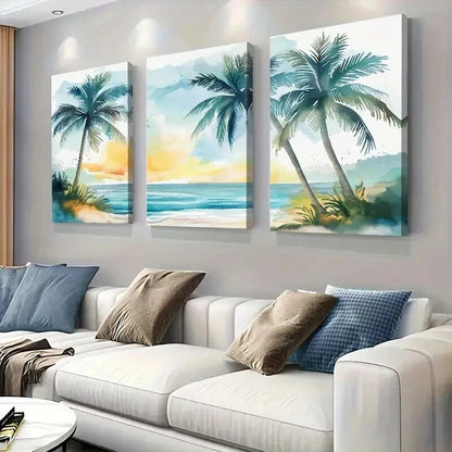 3pcs Tropical Palm Trees Theme Beach Decor Wall Art Set Canvas Framed 40x60cm - High Quality Print 100% Australian Made Wall Canvas Ready to Hang