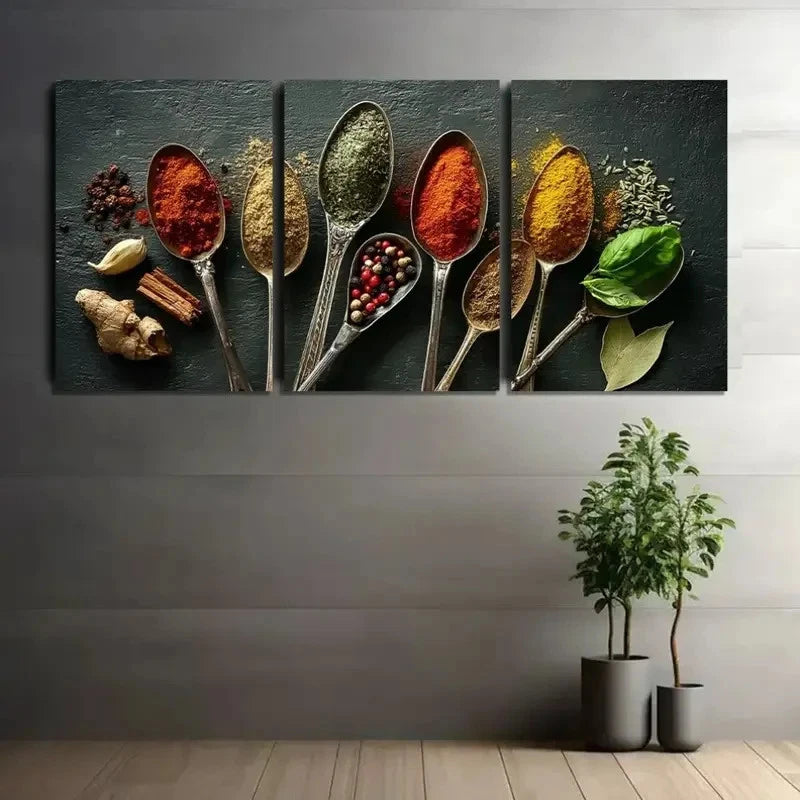 3pcs Spices And Herbs in Rustic Metal Bowls Metal Print Ready to Hang Art