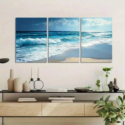 3pcs Ocean View with Blue Waves Crashing Metal Print Ready to Hang Art