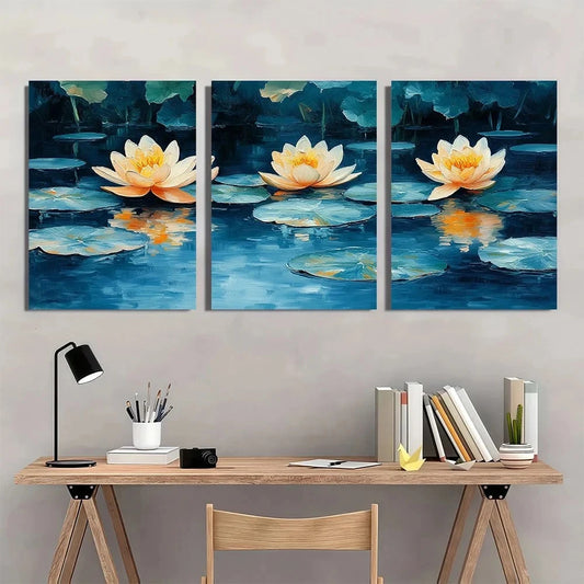 3pcs Vibrant Retro Water Lilies Metal Print Ready to Hang Art