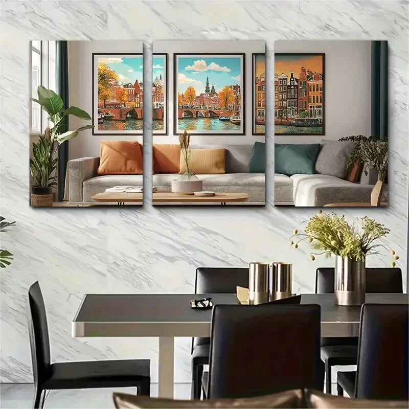 3pcs Amsterdam Canal Scene Vibrant Houses Metal Print Ready to Hang Art