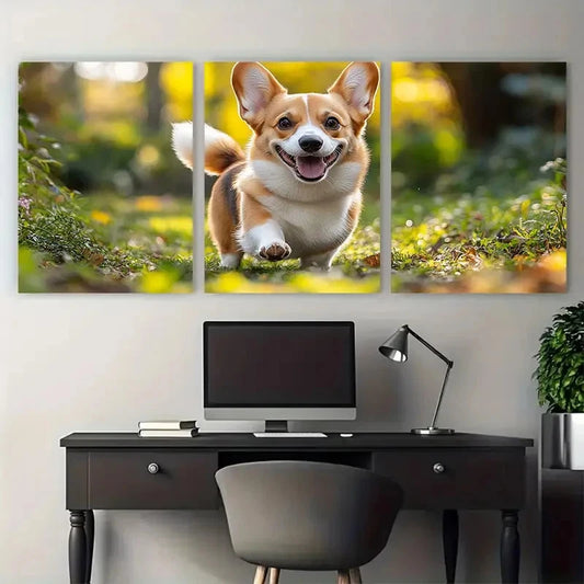 3pcs Welsh Pembroke Corgi Puppy Tail Playing Metal Print Ready to Hang Art