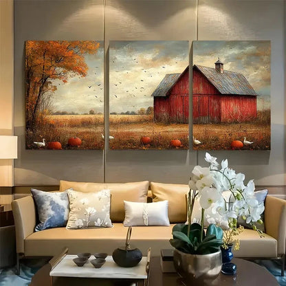 3pcs Rustic Barn with Pumpkins and Turkeys Metal Print Ready to Hang Art
