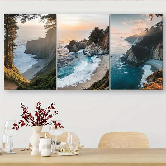 3pcs Featuring Majestic Waves Rock Formations Metal Print Ready to Hang Art
