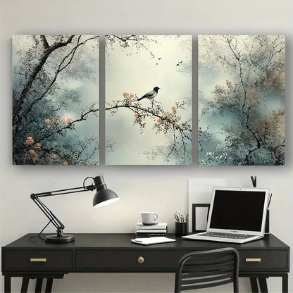 3pcs Modern Charming Bird & Branch Abstract Metal Print Ready to Hang Art