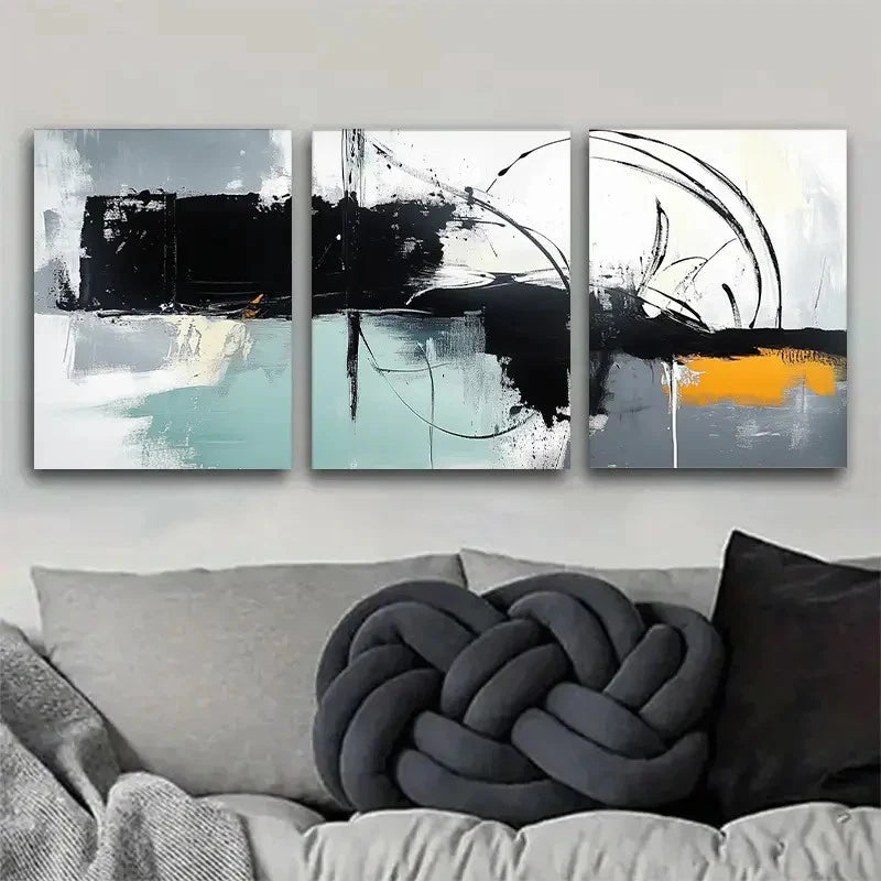 3pcs Abstract Black White Teal and Orange Metal Print Ready to Hang Art