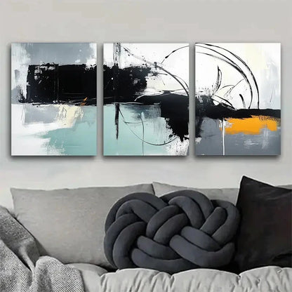 3pcs Abstract Black White Teal and Orange Metal Print Ready to Hang Art
