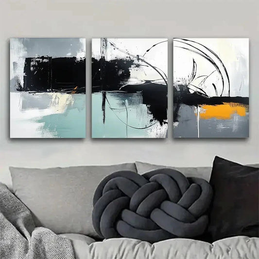 3pcs Abstract Black White Teal and Orange Metal Print Ready to Hang Art