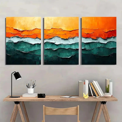 3pcs Orange and Green Abstract Painting Metal Print Ready to Hang Art