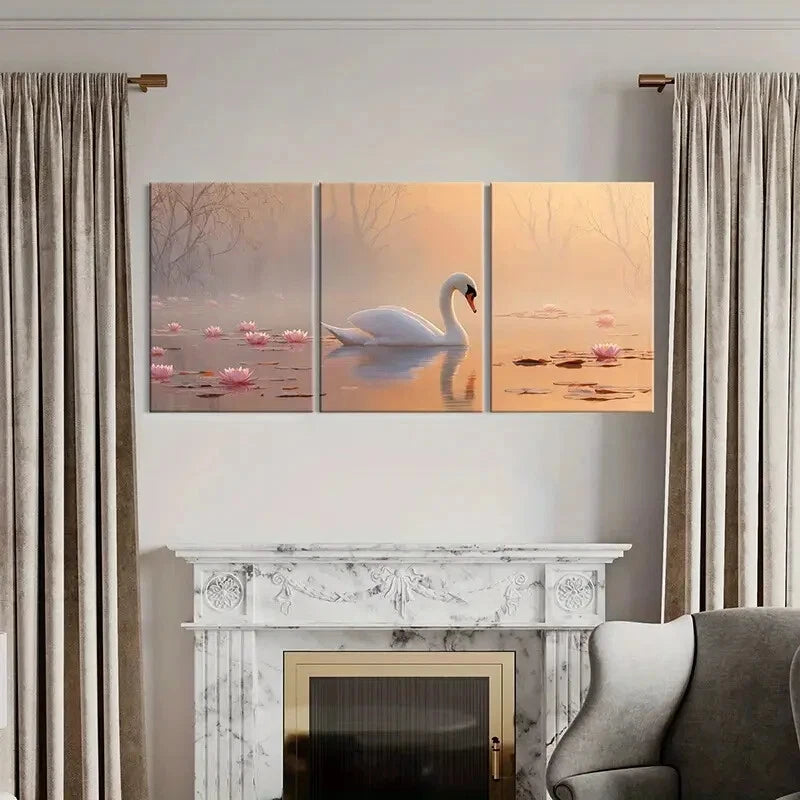 3pcs Elegant Swan Serene Lake Pink Lotus Flower Metal Print Ready to Hang Art