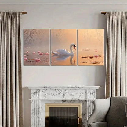 3pcs Elegant Swan Serene Lake Pink Lotus Flower Metal Print Ready to Hang Art