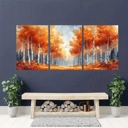 3pcs Autumn Birch Grove Watercolor Landscape Art Metal Print Ready to Hang Art