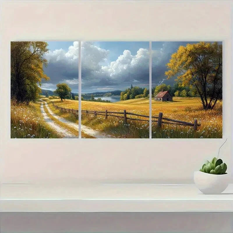 3pcs Serene Pathways Daisies and Tranquil Houses Metal Print Ready to Hang Art