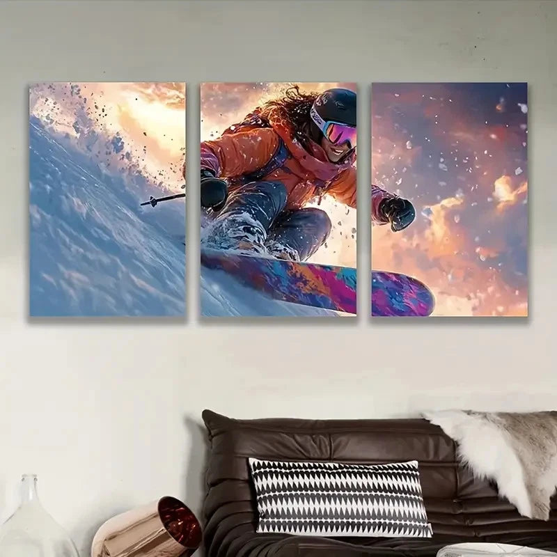 3pcs Vibrant Snowboarder Action Wall Art Set Canvas Framed 50x70cm - High Quality Print 100% Australian Made Wall Canvas Ready to Hang