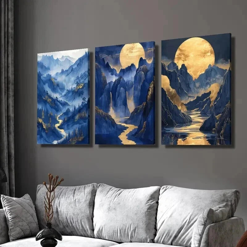 3pcs Gilded Mountains Bright Moon and Rivers Wall Art Set Canvas Framed 40x60cm - High Quality Print 100% Australian Made Wall Canvas Ready to Hang
