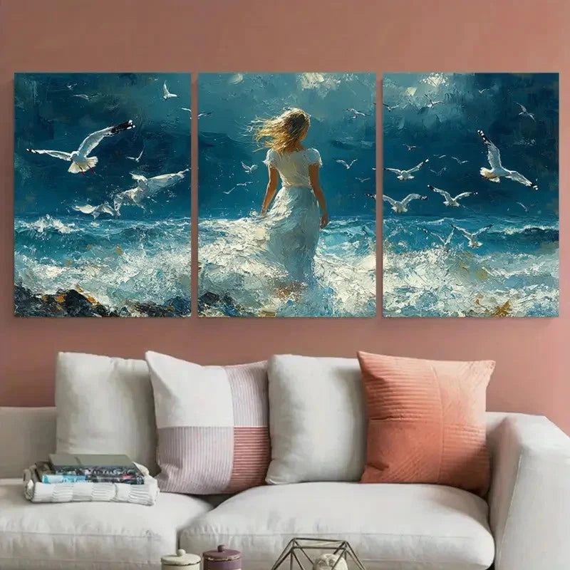 3pcs Abstract Seascape Young Woman Amidst Seagulls Metal Print Ready to Hang Art