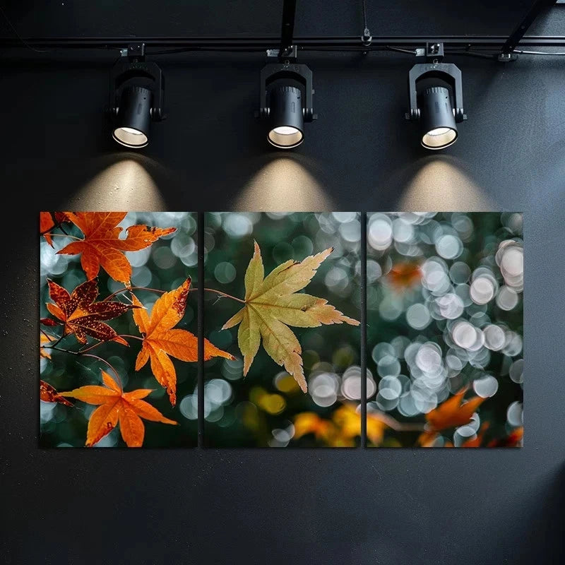 3pcs Colorful Autumn Leaves in Orange Shades Metal Print Ready to Hang Art