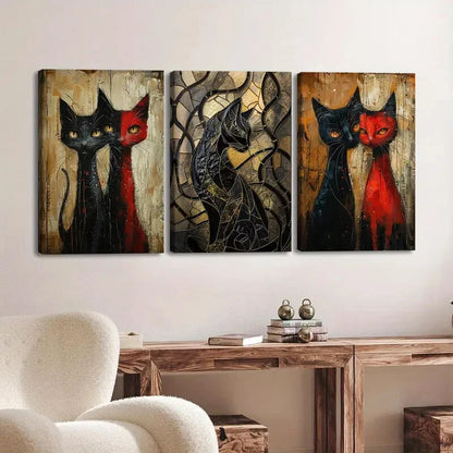 3pcs Various Animals Cats Black Red Black Lines Wall Art Set Canvas Framed 50x70cm - High Quality Print 100% Australian Made Wall Canvas Ready to Hang
