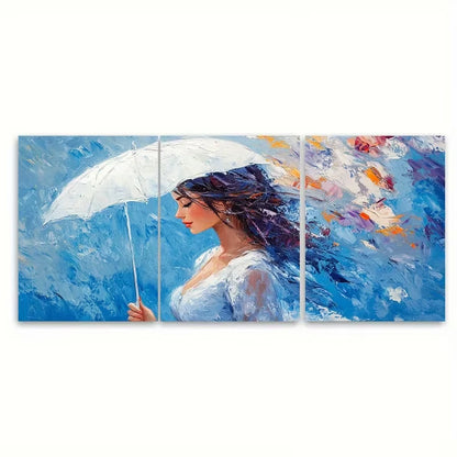 3pcs Woman with White Umbrella Metal Print Ready to Hang Art