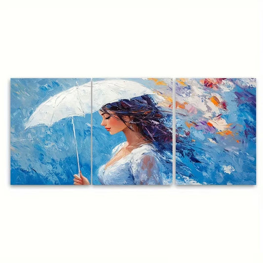 3pcs Woman with White Umbrella Metal Print Ready to Hang Art