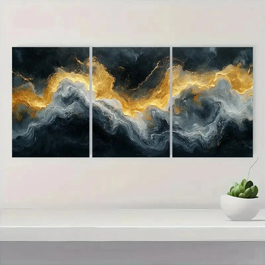 3pcs Minimalist Abstract Golden & Black Wave Metal Print Ready to Hang Art