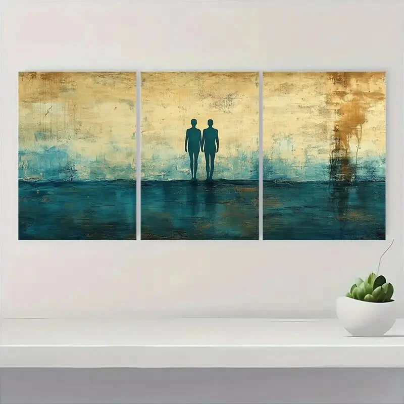 3pcs Cyan & Beige Silhouettes of Figures Metal Print Ready to Hang Art