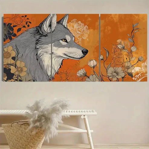 3pcs Nouveau Gray Wolf Sideways with Floral Wall Art Set Canvas Unframed - High Quality Print 100% Australian Made Wall Canvas