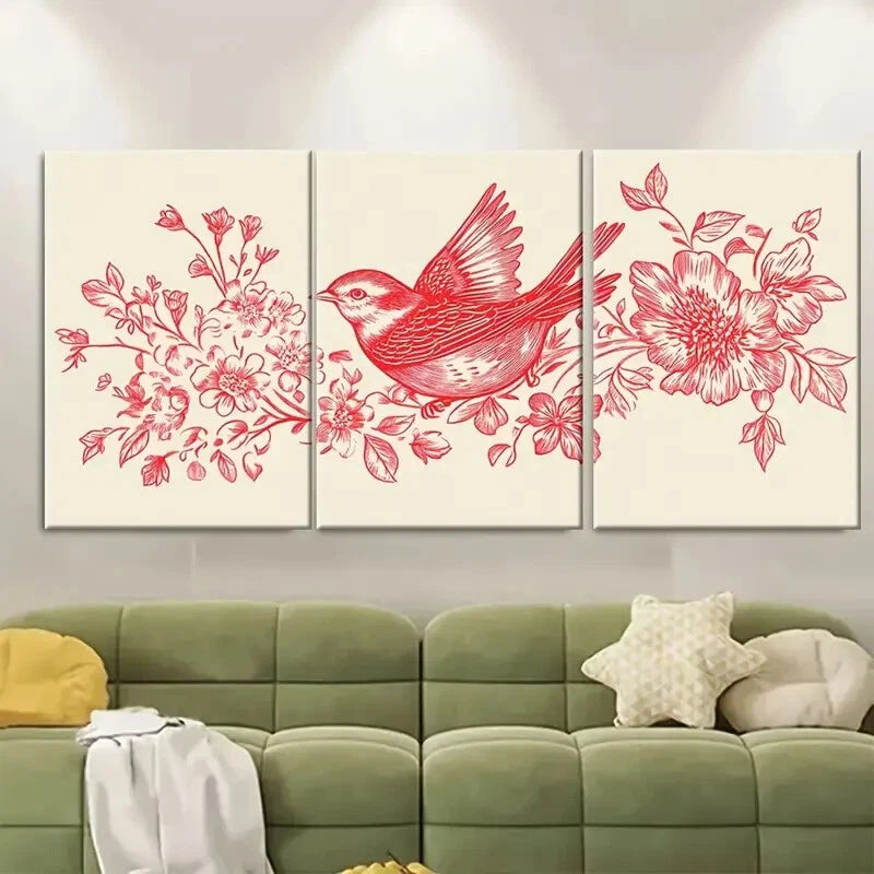 3pcs Vintage Folk Redwork Bird & Floral Print Metal Print Ready to Hang Art