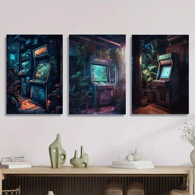 3pcs retro arcade style, retro gaming aesthetics, Metal Print Ready to Hang Art