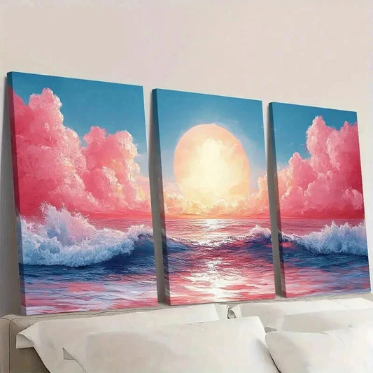 3pcs Ocean Waves Sunset & Pink Clouds Wall Art Set Canvas Framed 40x60cm - High Quality Print 100% Australian Made Wall Canvas Ready to Hang