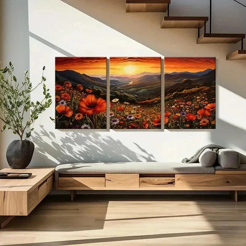 3pcs Vibrant Sunset Mountain Flower & River Wall Art Set Canvas Framed 40x60cm - High Quality Print 100% Australian Made Wall Canvas Ready to Hang