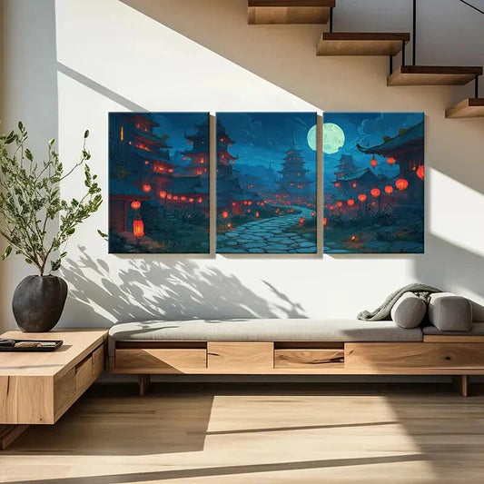 3pcs East Asian Architecture Full Moon Red Lantern Metal Print Ready to Hang Art
