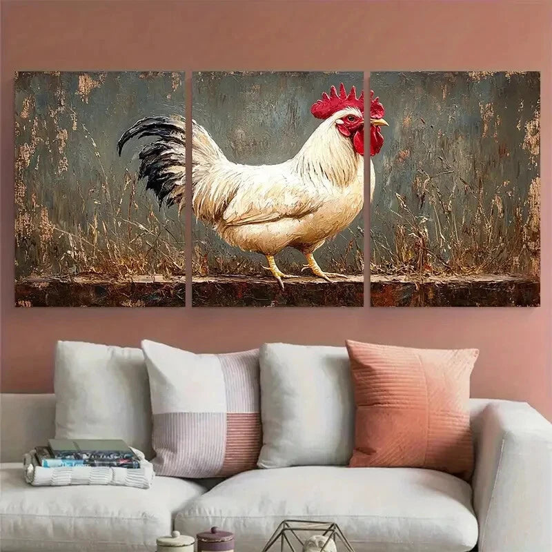 3pcs White Rooster Farm Animals Rustic Design Metal Print Ready to Hang Art