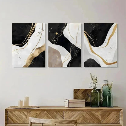 3pcs Black White Golden Abstract Prints Wall Art Set Canvas Framed 40x60cm - High Quality Print 100% Australian Made Wall Canvas Ready to Hang
