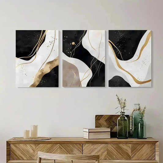 3pcs Black White Golden Abstract Prints Wall Art Set Canvas Framed 40x60cm - High Quality Print 100% Australian Made Wall Canvas Ready to Hang
