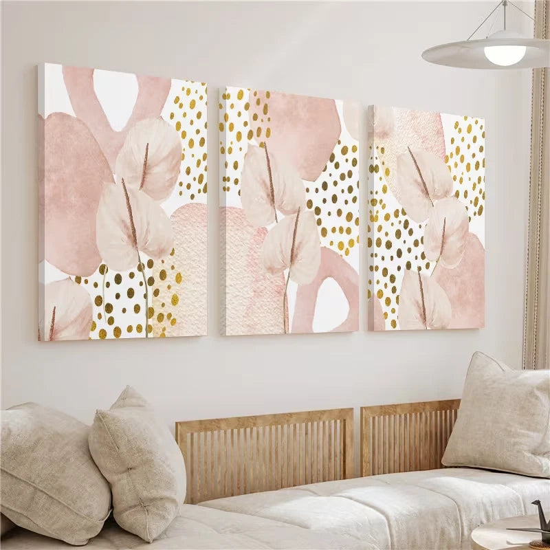 3pcs Soft Pink & Golden Abstract Painting Wall Art Set Canvas Framed 50x70cm – High Quality Print 100% Australian Made Wall Canvas Ready to Hang