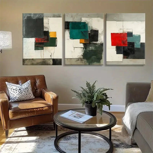 3pcs Abstract Geometric Black White & Red Neutral Metal Print Ready to Hang Art