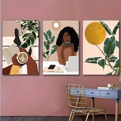 3pcs Dark Woman Coffee & Tropical Leaves Metal Print Ready to Hang Art