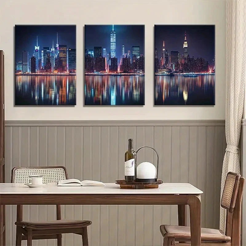 3pcs Illuminated Skyscrapers & Water Reflection Metal Print Ready to Hang Art
