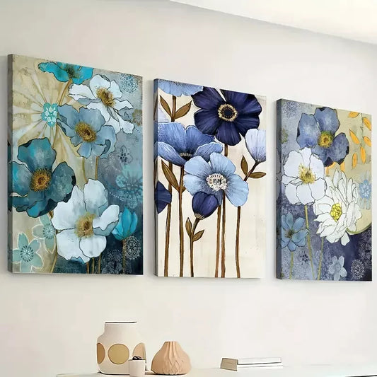 3pcs  Abstract floral blue for Lotus Flowers Wall Art Set Canvas Framed 40x60cm - High Quality Print 100% Australian Made Wall Canvas Ready to Hang