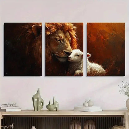 3pcs Lion and Lamb Light Brown Metal Print Ready to Hang Art