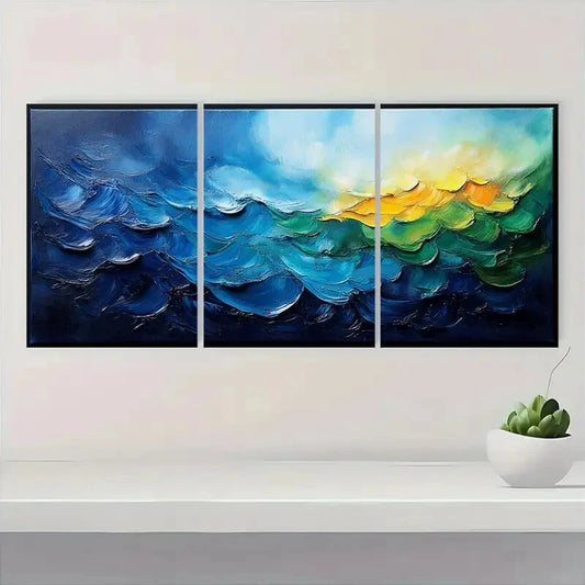 3pcs Abstract Ocean Wave Blue & Green Minimalist Metal Print Ready to Hang Art
