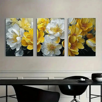 3pcs Oil Painting of Yellow and White Flowers Metal Print Ready to Hang Art