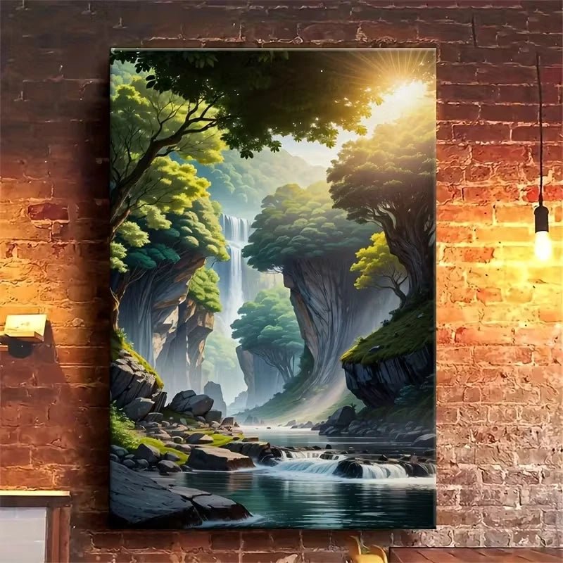 Sunlit Waterfall Glade Painting 60x90cm Metal Print Ready to Hang