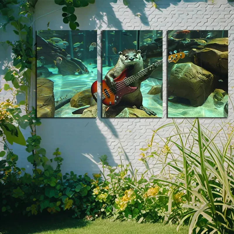 3pcs Otter Playing Guitar with Fish Metal Print Ready to Hang Art