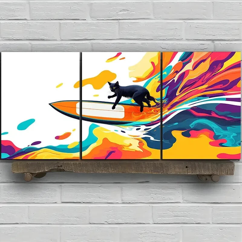 3pcs Modern Abstract Cat Surfboard Design Metal Print Ready to Hang Art