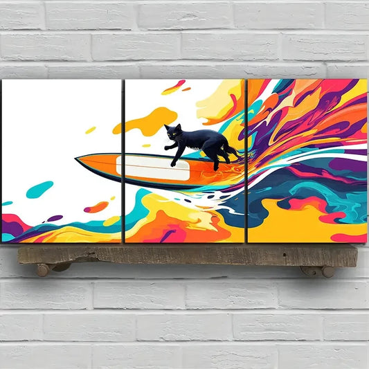 3pcs Modern Abstract Cat Surfboard Design Metal Print Ready to Hang Art