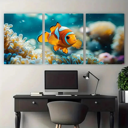 3pcs Clown Fish in Anemone Sea Life Metal Print Ready to Hang Art