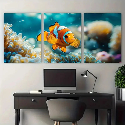 3pcs Clown Fish in Anemone Sea Life Metal Print Ready to Hang Art