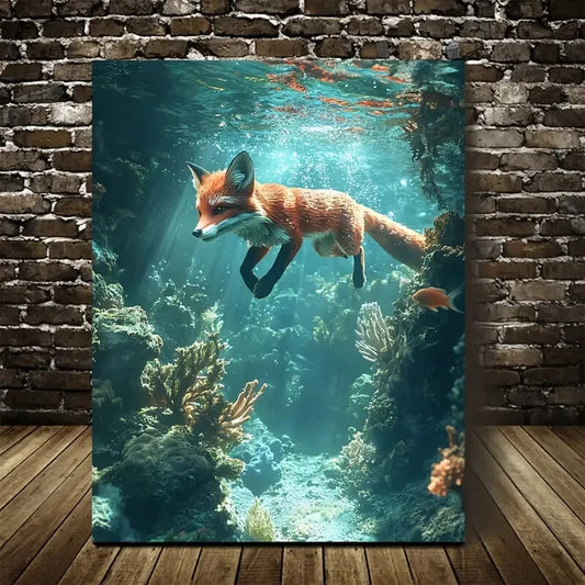 Fox Swimming Under Coral Reef Scene Painting 40x60cm Metal Print Ready to Hang
